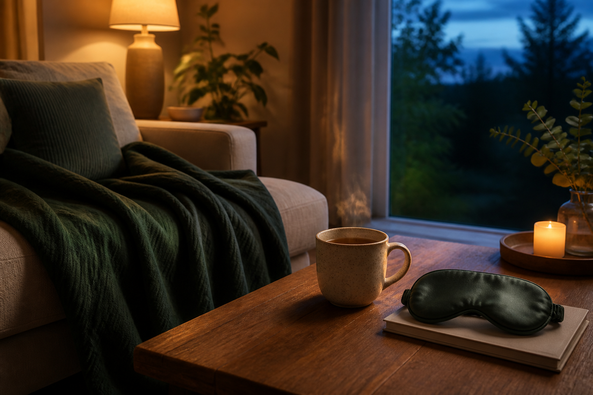 Evening recovery ritual with warm lamplight, tea, and quiet rest at home