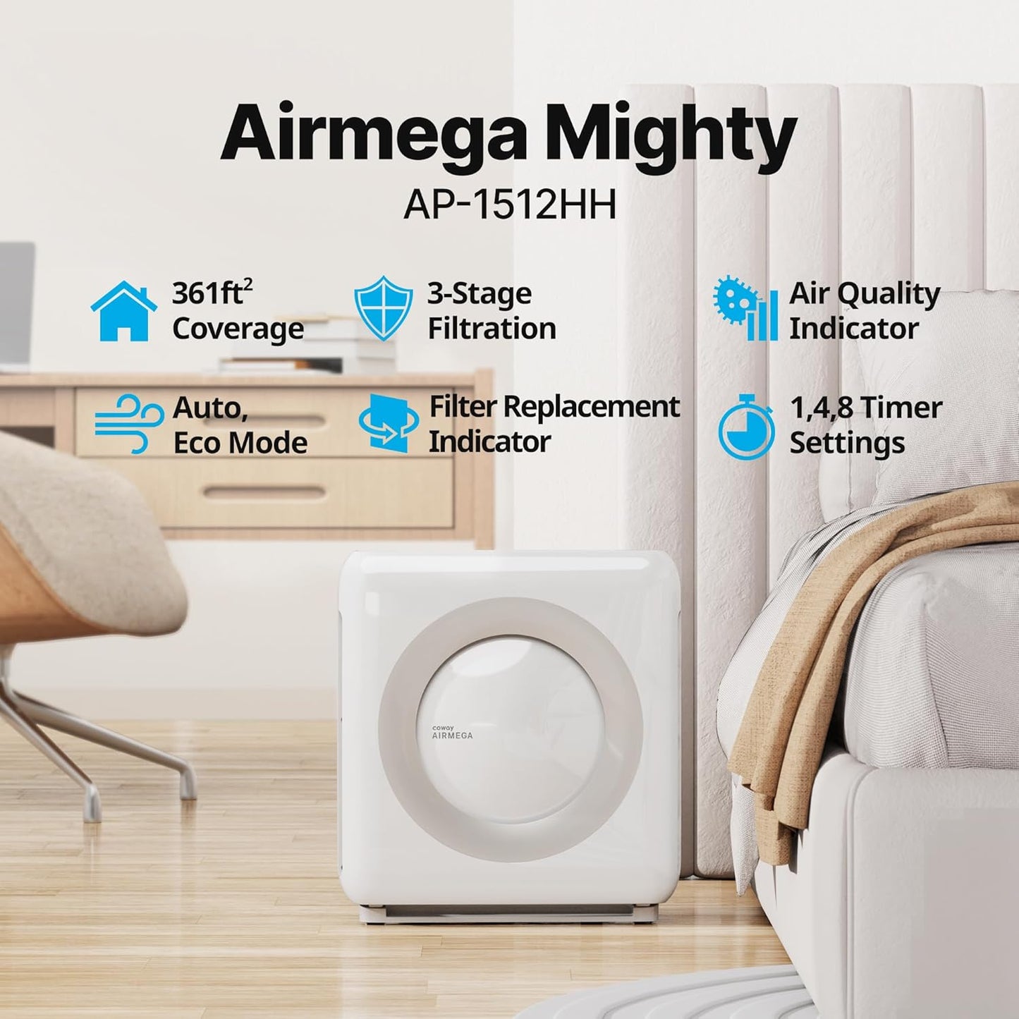 Airmega AP-1512HH(W) True HEPA Purifier with Air Quality Monitoring, Auto, Timer, Filter Indicator, and Eco Mode, 16.8 X 18.3 X 9.7, White