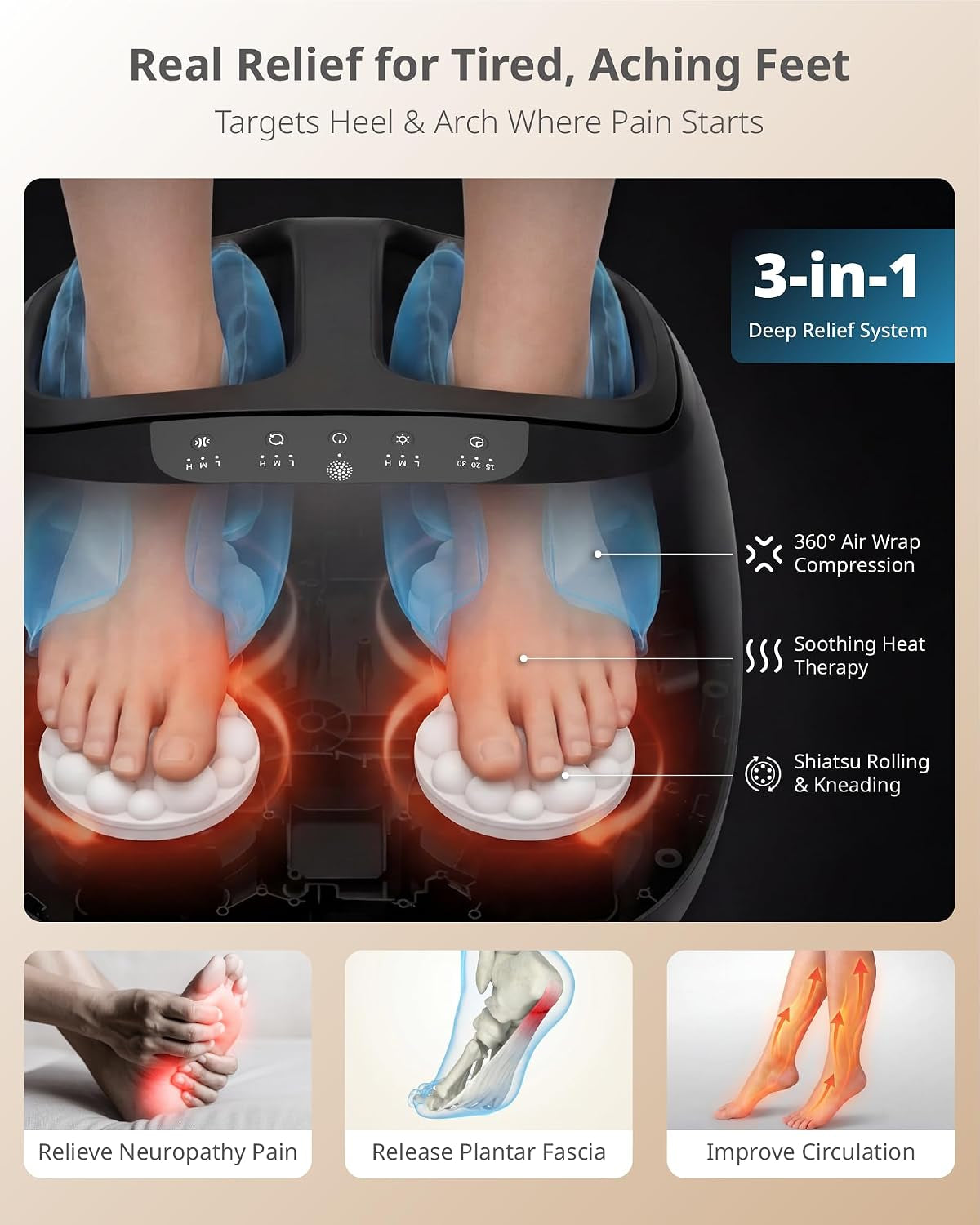 Shiatsu Foot Massager for Foot Neuropathy, Plantar Fasciitis, Pain Relief, Tired Relaxation, with Heat, Deep Rolling & Kneading Therapy, 360° Air Compression for Men Women Seniors Size up to 13