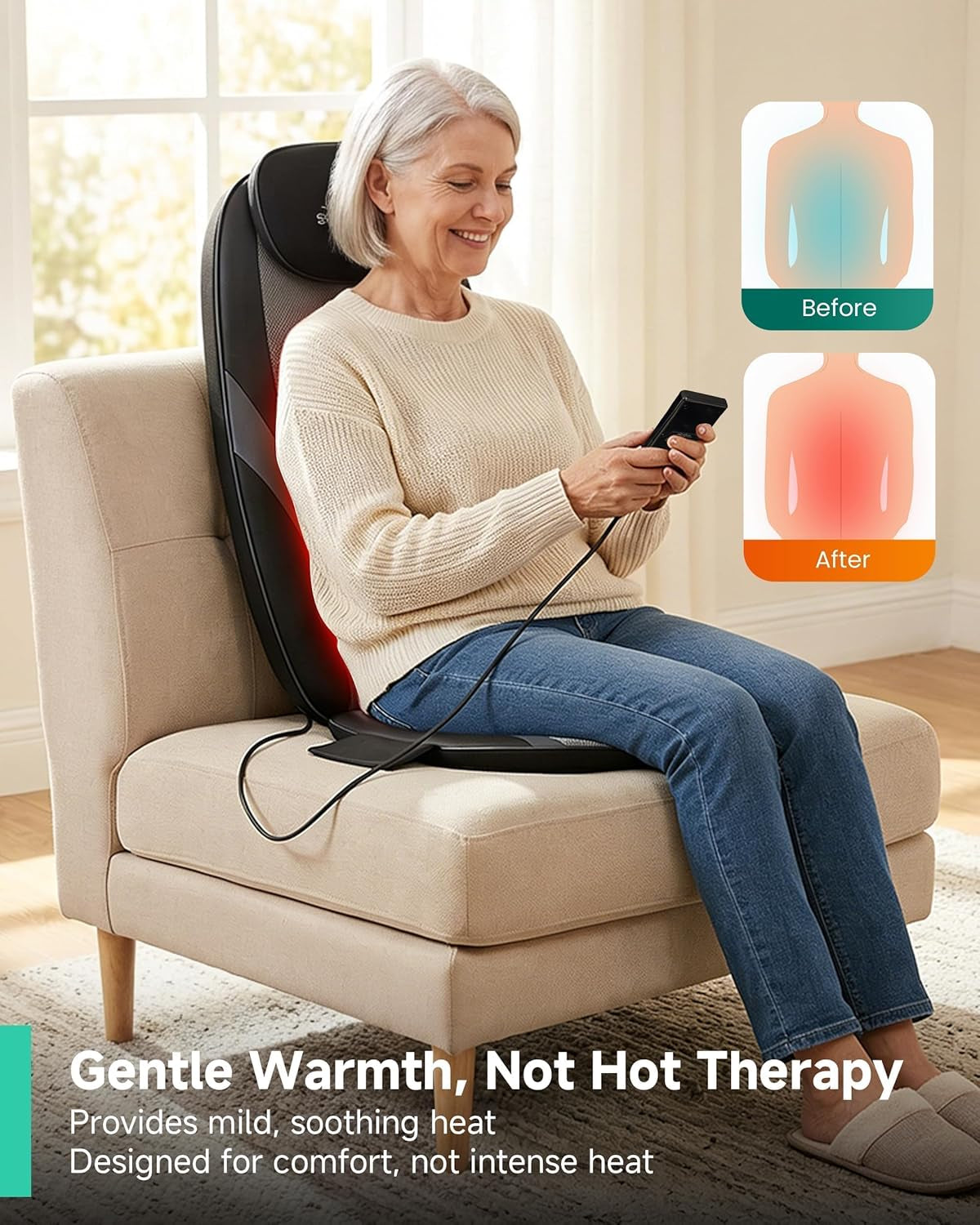 Shiatsu Back Massager with Heat, Deep Kneading Massage Chair Pad for Neck, Shoulders, Full Back & Waist, Adjustable Roller Massage Seat Cushion for Home Office, Pain Relief, Gift for Men Women