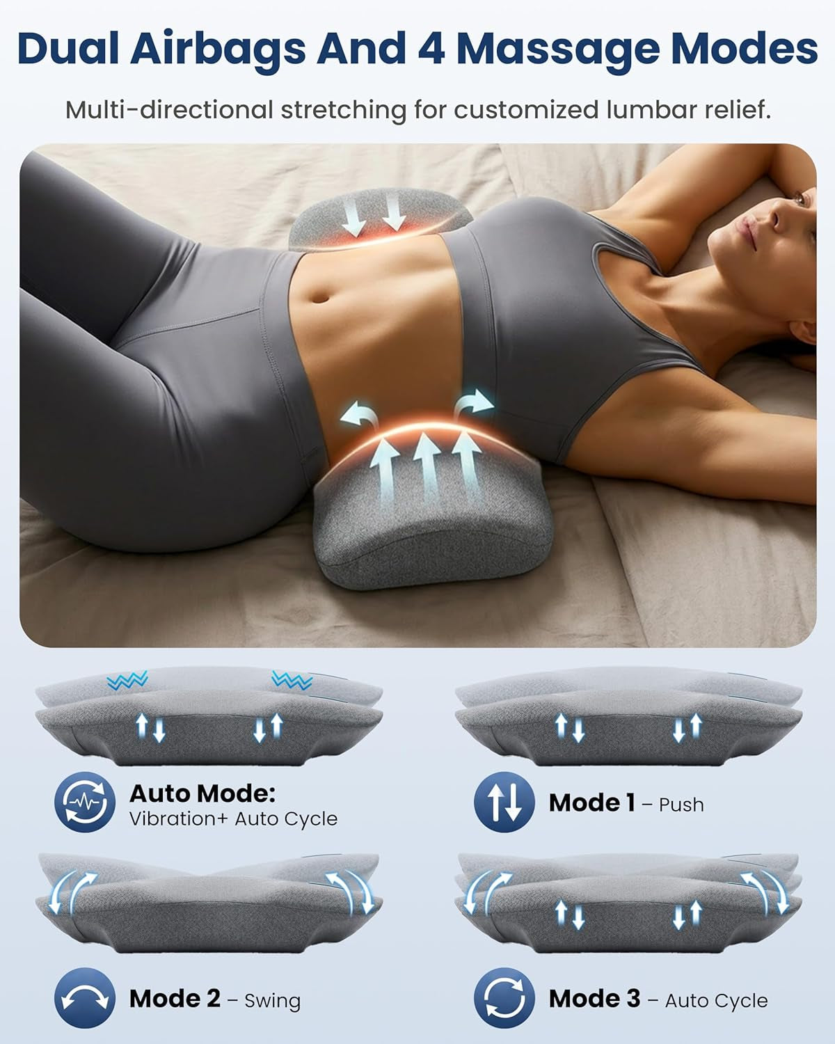Smooth Spine Triple Fusion Back Massager with Graphene Heat, 3-In-1 Cordless Lumbar Support Pillow with Remote Control, Vibration & Stretching, Ergonomic Lower Back Massager