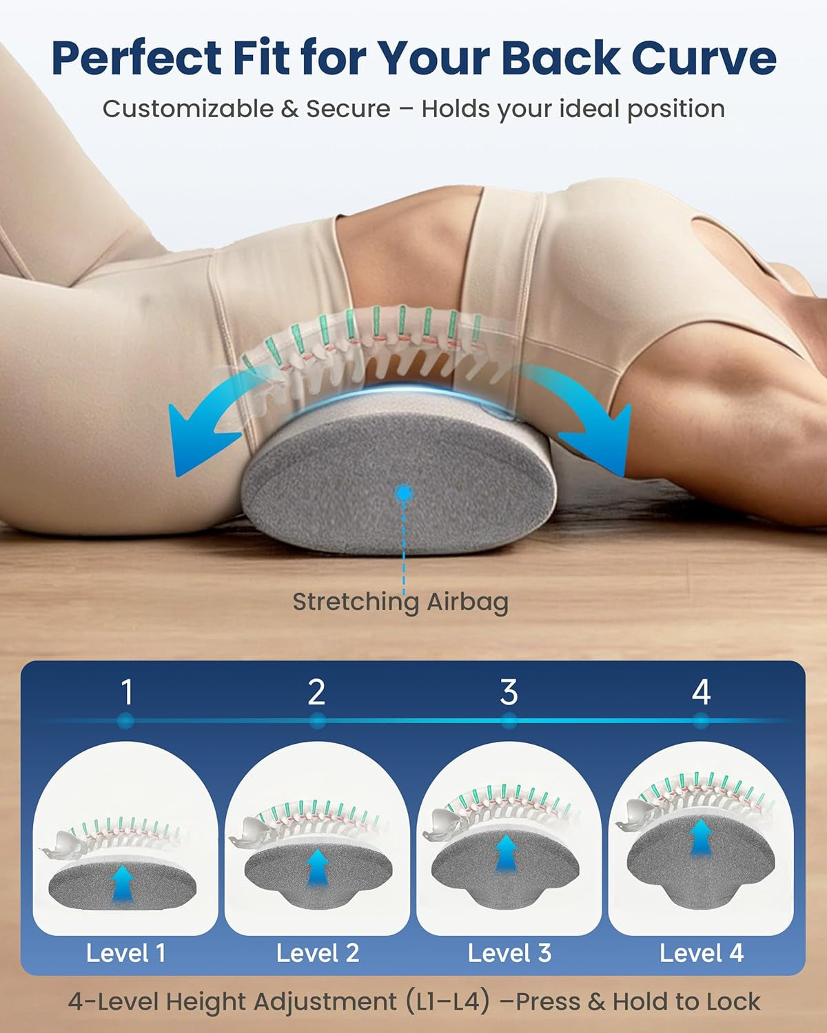 Smooth Spine Triple Fusion Back Massager with Graphene Heat, 3-In-1 Cordless Lumbar Support Pillow with Remote Control, Vibration & Stretching, Ergonomic Lower Back Massager