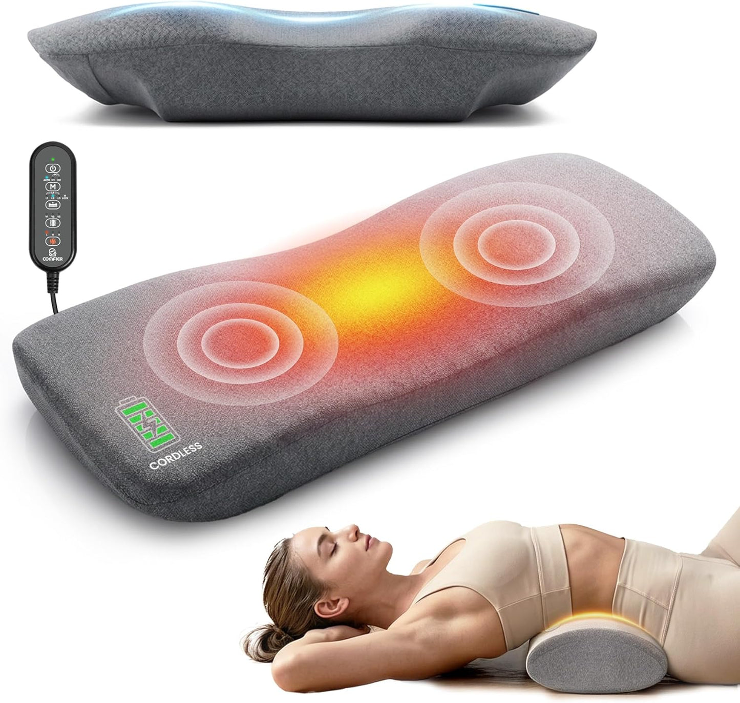 Smooth Spine Triple Fusion Back Massager with Graphene Heat, 3-In-1 Cordless Lumbar Support Pillow with Remote Control, Vibration & Stretching, Ergonomic Lower Back Massager