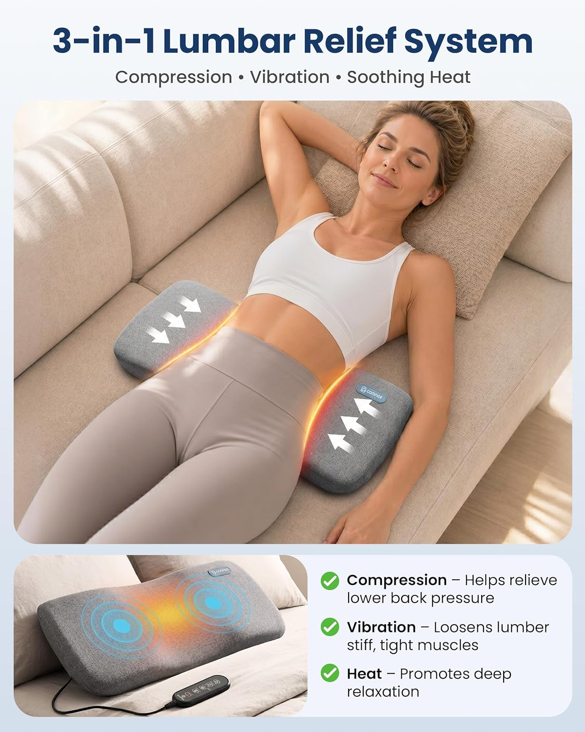 Smooth Spine Triple Fusion Back Massager with Graphene Heat, 3-In-1 Cordless Lumbar Support Pillow with Remote Control, Vibration & Stretching, Ergonomic Lower Back Massager