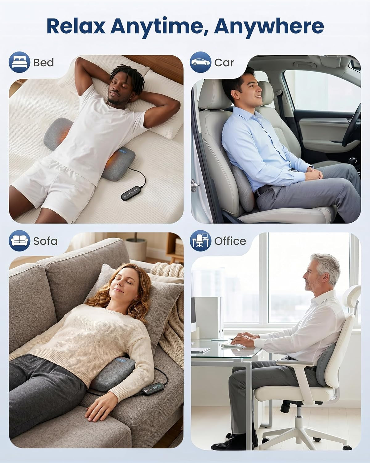 Smooth Spine Triple Fusion Back Massager with Graphene Heat, 3-In-1 Cordless Lumbar Support Pillow with Remote Control, Vibration & Stretching, Ergonomic Lower Back Massager