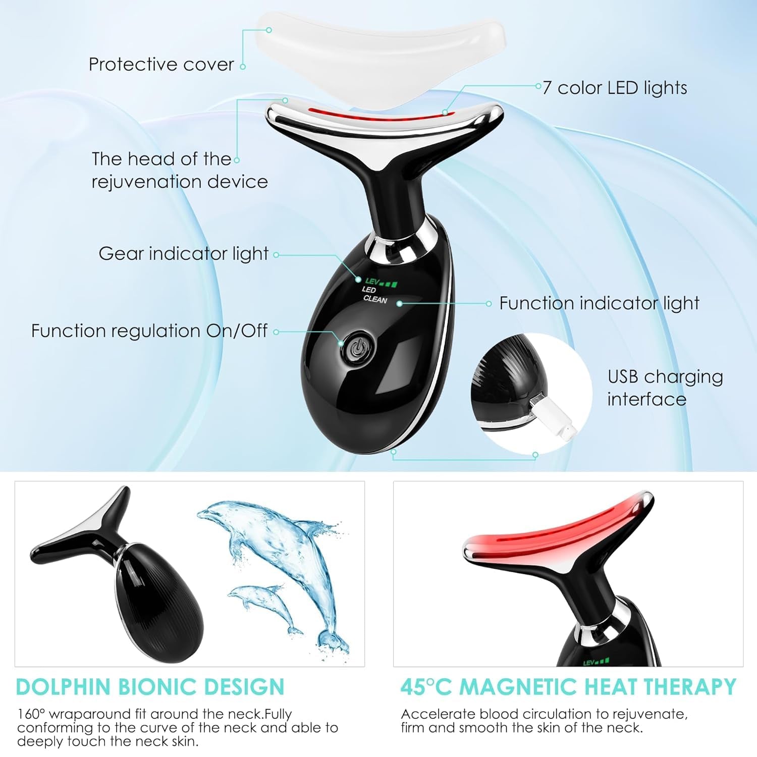 Facial Massager Red-Light-Therapy-For-Face and Neck, Face 𝖲 Culpting Wand with 7 Color (Bright Black)
