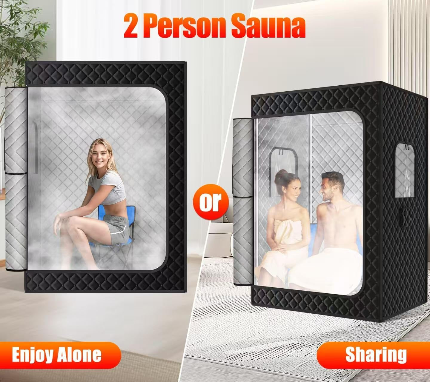 Upgraded 2 Person Sauna, Portable Sauna with 5 Layer Waterproof, Portable Steam Sauna Tent with 2 Steamers, 2 Folding Chair, 71”X 49”X 36"