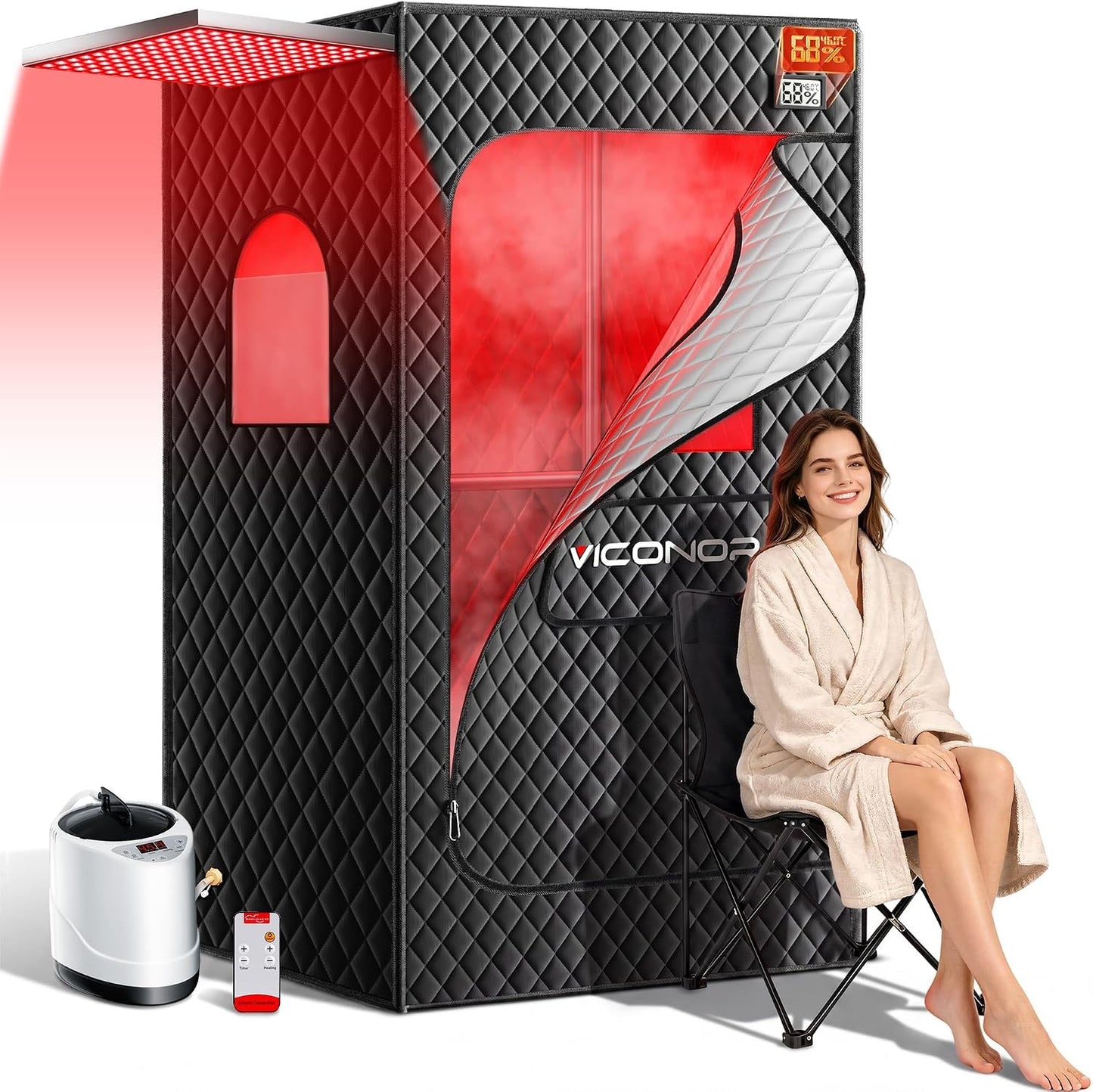 Portable Sauna Box, Infrared Sauna with 660Nm Red Light & 850Nm Infrared Red Light Therapy Device for Relaxation, Red Light Sauna for Home 5-Layer Waterproof Insulated, 3L/1200W Steamer, Chair