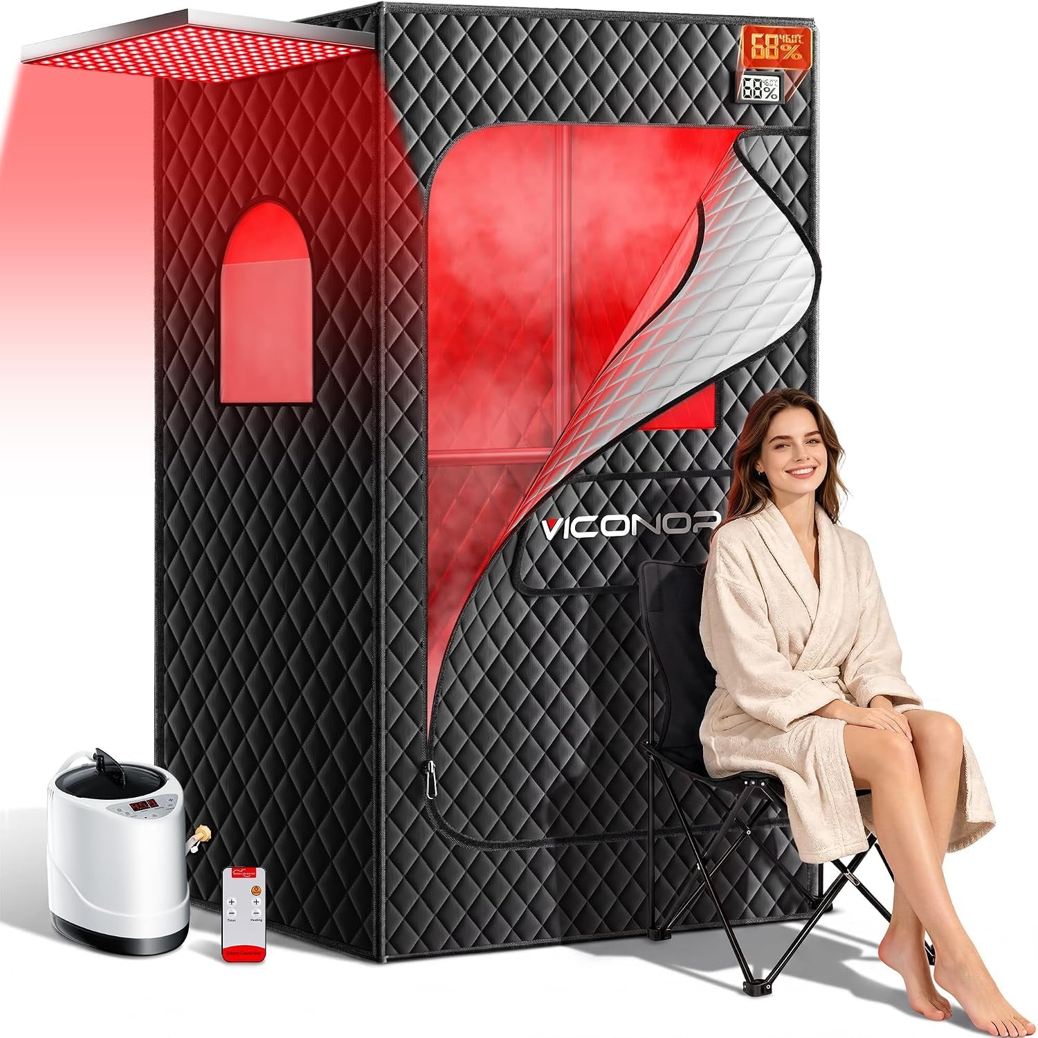 Portable Sauna Box, Infrared Sauna with 660Nm Red Light & 850Nm Infrared Red Light Therapy Device for Relaxation, Red Light Sauna for Home 5-Layer Waterproof Insulated, 3L/1200W Steamer, Chair