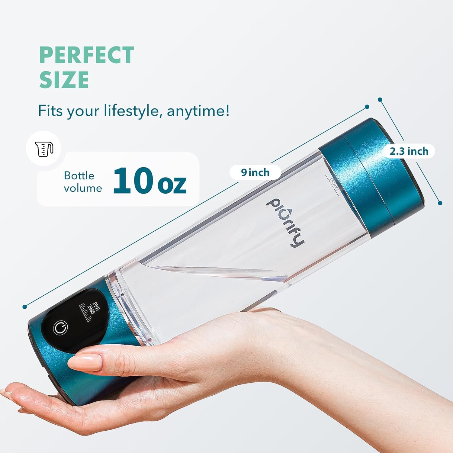 Hydrogen Water Bottle Generator | up to 6300+ PPB in 3 Cycles | Molecular Hydrogen with SPE/PEM Technology | Certified H2 Generator | Rechargeable | Extended Warranty | 10 Oz (Turquoise)