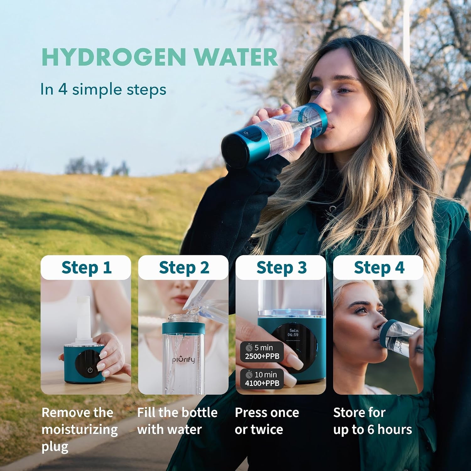 Hydrogen Water Bottle Generator | up to 6300+ PPB in 3 Cycles | Molecular Hydrogen with SPE/PEM Technology | Certified H2 Generator | Rechargeable | Extended Warranty | 10 Oz (Turquoise)