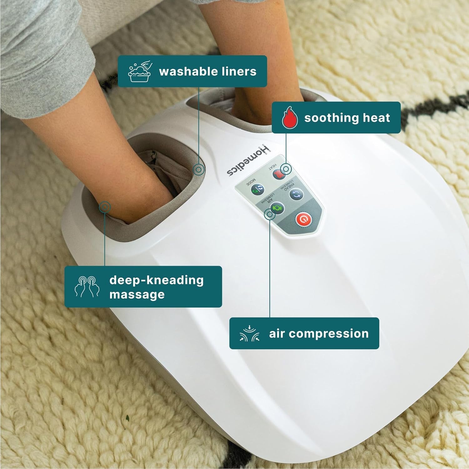 Shiatsu Foot Massager with Soothing Heat and Air Compression | At-Home Kneading Massage Relaxes Feet, 3 Customized Controls and Intensities, Washable Liner, 3 Speed Options