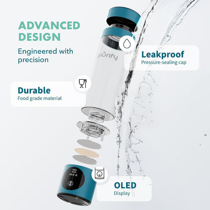 Hydrogen Water Bottle Generator | up to 6300+ PPB in 3 Cycles | Molecular Hydrogen with SPE/PEM Technology | Certified H2 Generator | Rechargeable | Extended Warranty | 10 Oz (Turquoise)