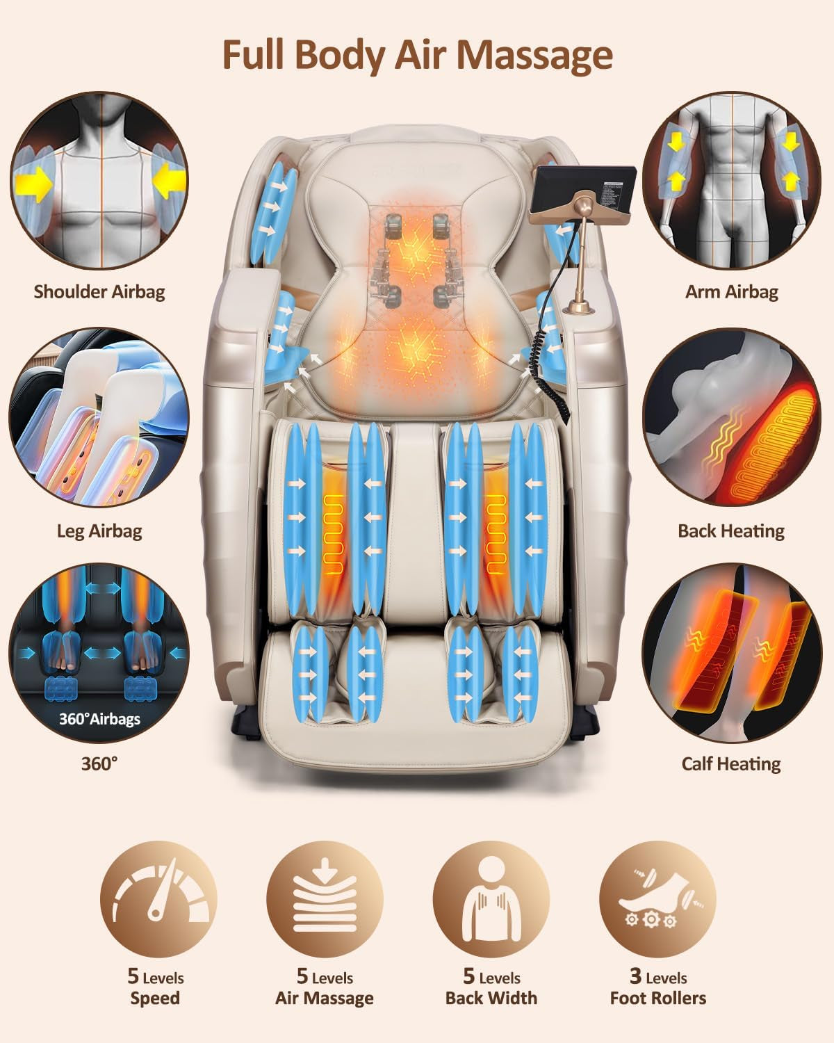 Massage Chair Full Body, 20 Modes Zero Gravity Sl-Track Shiatsu Massage Chair Built-In Heat System, Airbag Massage with Body Scan, Deep Yoga Stretch, Calfrest Extension and AI Control(Cream)