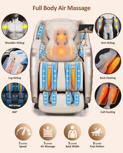 Massage Chair Full Body, 20 Modes Zero Gravity Sl-Track Shiatsu Massage Chair Built-In Heat System, Airbag Massage with Body Scan, Deep Yoga Stretch, Calfrest Extension and AI Control(Cream)
