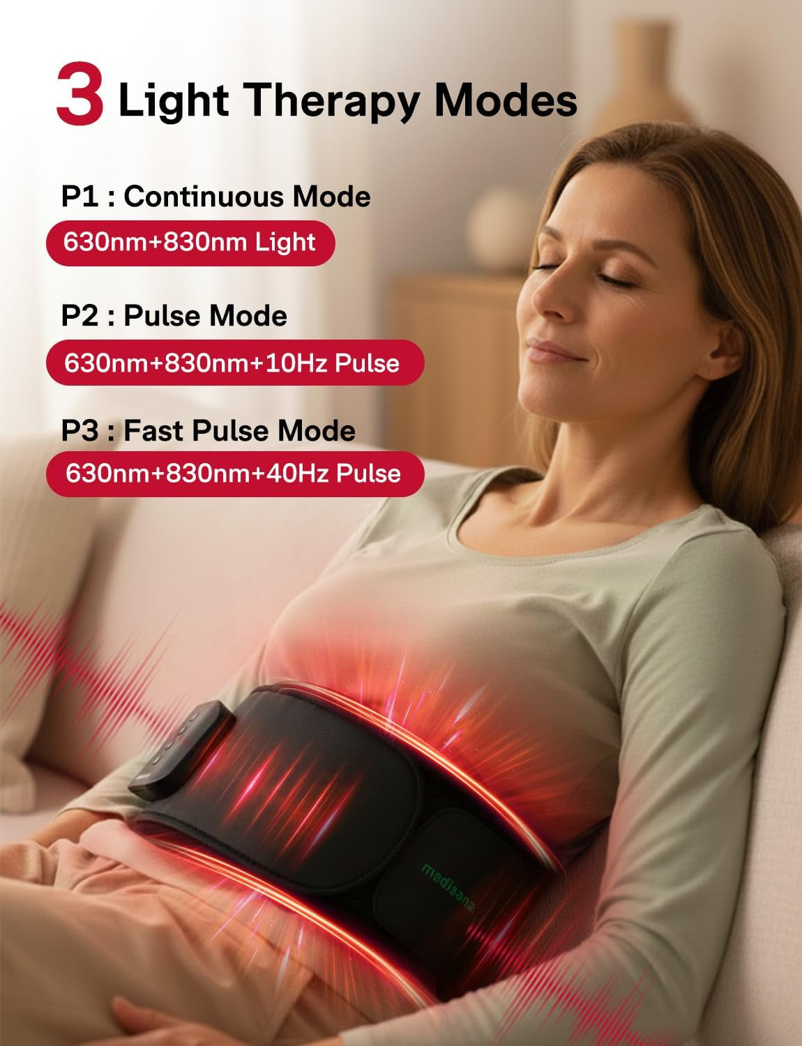 Red Light Therapy for Body, Upgraded 3-In-1 Cordless Red Light Therapy Belt with 3-Mode Red Light, Vibration & Heating, Adjustable Fit 660Nm/850Nm Infrared Red Light Therapy for Back Pain