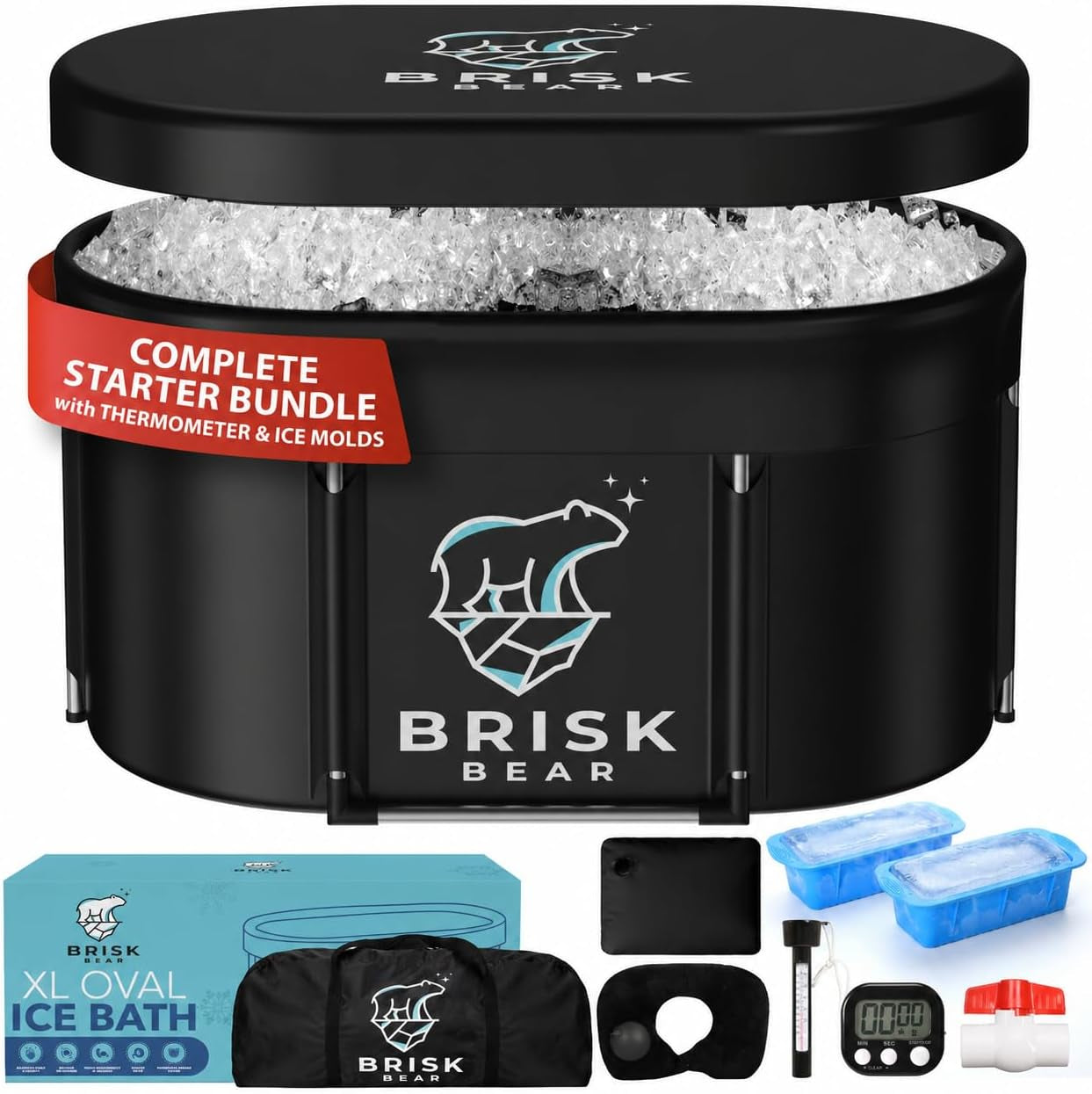 XL Oval Ice Bath Tub for Athletes with Cover by  - Extra Large Cold Plunge Tub for Recovery - Ice Tub with Digital Timer, Thermometer & Reusable Ice Molds - Cold Plunge to Soothe Muscles
