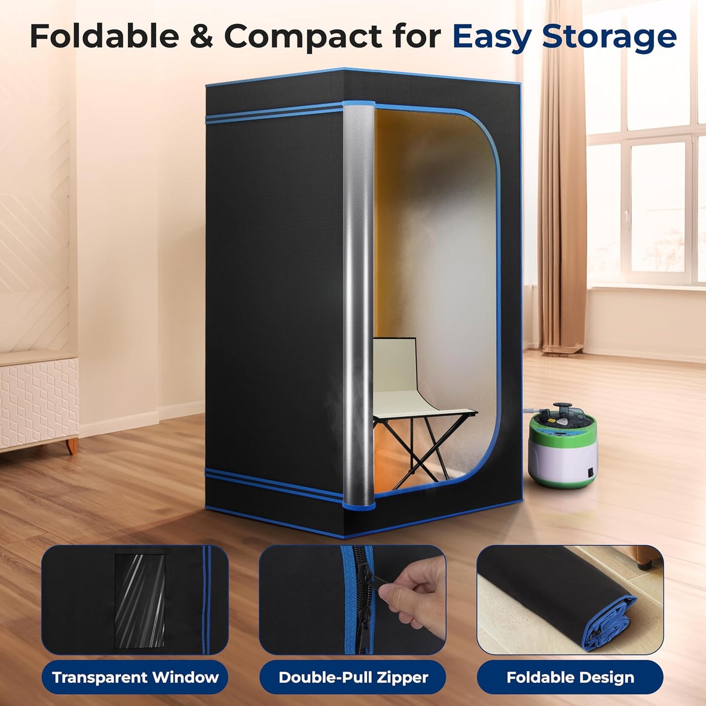 Portable Steam Sauna Tent with Extra Large 4L Steamer - Includes Folding Sauna Chair, Remote Control W/ 9 Heat Levels for In-Home Spa - 2.9' X 2.9' X 5.9'