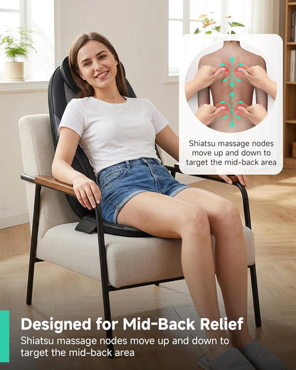 Shiatsu Back Massager with Heat, Deep Kneading Massage Chair Pad for Neck, Shoulders, Full Back & Waist, Adjustable Roller Massage Seat Cushion for Home Office, Pain Relief, Gift for Men Women