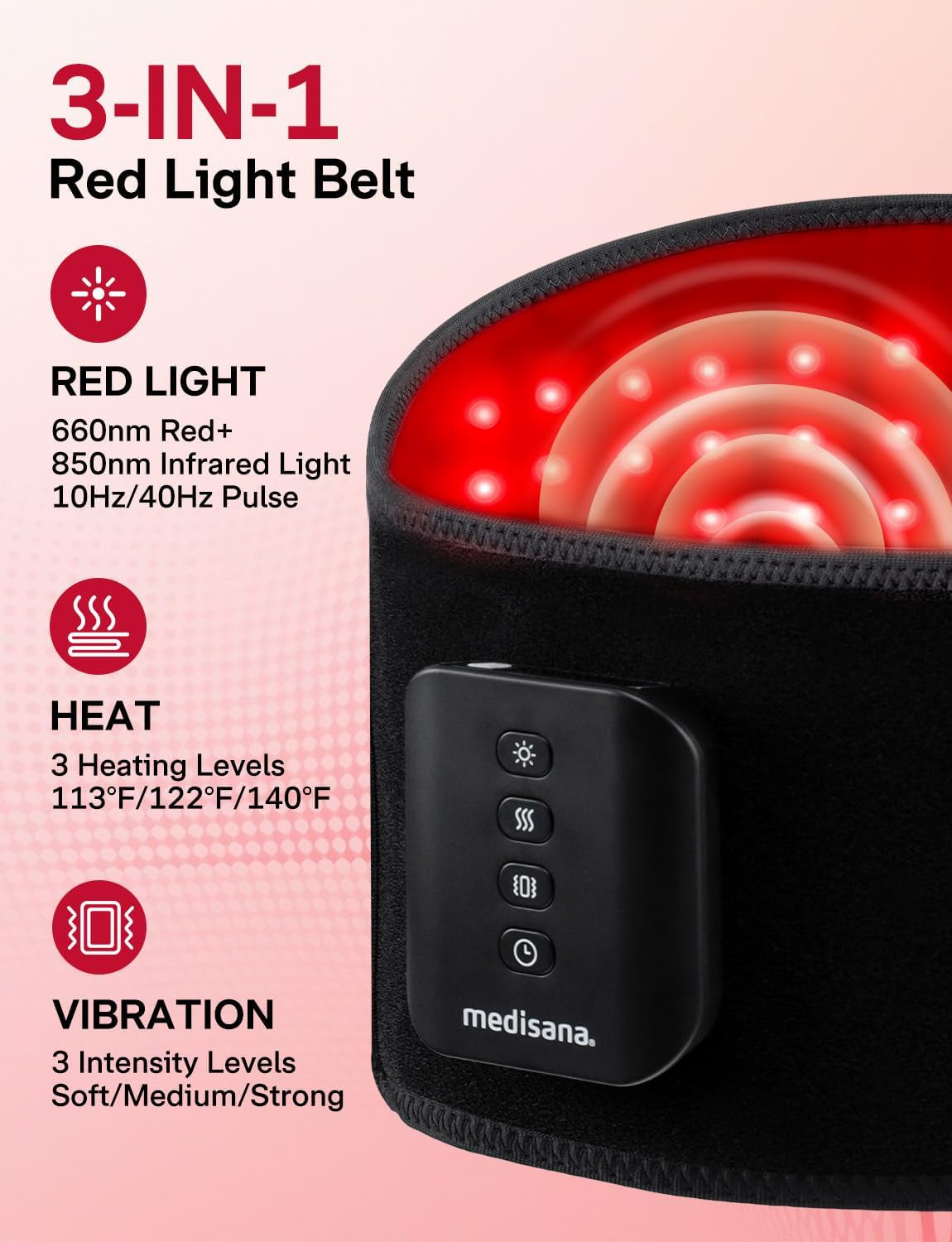 Red Light Therapy for Body, Upgraded 3-In-1 Cordless Red Light Therapy Belt with 3-Mode Red Light, Vibration & Heating, Adjustable Fit 660Nm/850Nm Infrared Red Light Therapy for Back Pain
